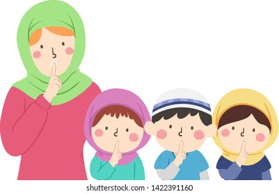 Illustration of Kids Student Wearing Hijab and Taqiyah with their Teacher Gesturing Silence