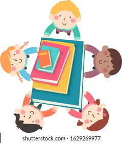 Illustration of Kids Students Carrying a Stack of Books from Biggest to Smallest