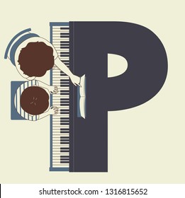 Illustration of Kids Students Learning Piano Shaped as Letter P at School