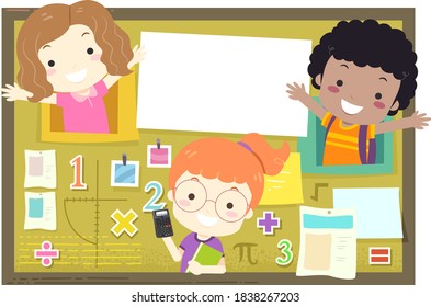 Illustration of Kids Students in a Math Bulletin Board with 123 and Math Operators