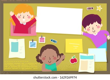 Illustration of Kids Students and Notes Posted on the Bulletin Board