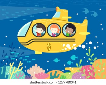 Illustration of Kids Students Riding a Yellow Submarine to School Underwater