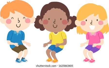 Illustration of Kids Students Sitting Down on Pretend Chair Following the Instruction Pretend to Sit On Chair