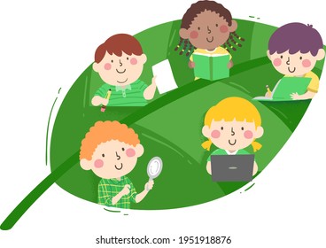 Illustration of Kids Students Studying with Books and Laptop from Inside a Leaf