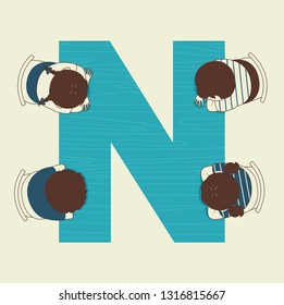 Illustration of Kids Students Taking a Nap on Letter N Table