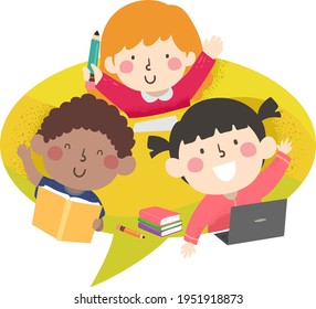 Illustration of Kids Students Waving with Books, Laptop and Pencil from Inside Speech Bubble