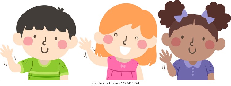 Illustration of Kids Students Waving Hello Following the Instruction Wave With Your Right Hand