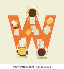 Illustration of Kids Students Writing on Paper on a Letter W Table