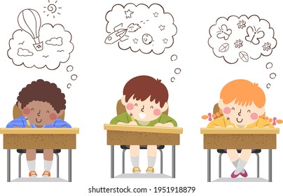 Illustration of Kids Students Writing From their Desk with Thinking Clouds Showing What They Are Imagining