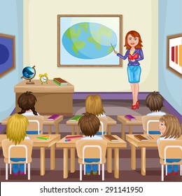 Illustration of kids studying  in classroom with teacher