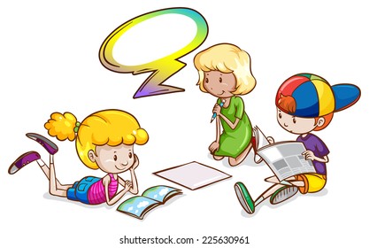 Illustration of the kids studying with an empty callout template on a white background 
