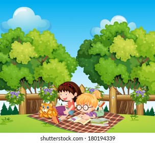 Illustration of the kids studying outdoor with a cat
