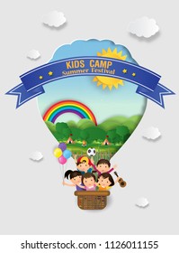Illustration of  kids summer camp education with balloon. The cheerfully of the children going to camping for doing activities enjoy on daytime. vector paper art and craft style - Shutterstock ID 1126011155