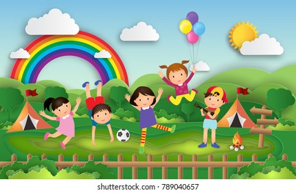 Illustration of kids summer camp education with children doing activities enjoy on camping daytime. Creative Idea paper art style. Vector 