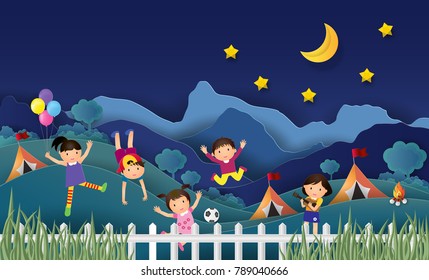 Illustration Of Kids Summer Camp Education With Happy Children Doing Activities On Camping At Night. Creative Idea Paper Art Style. Vector 