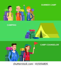 Illustration Of Kids Summer Camp. Vector Characters Counselor And Children. Camping Banner And Icon