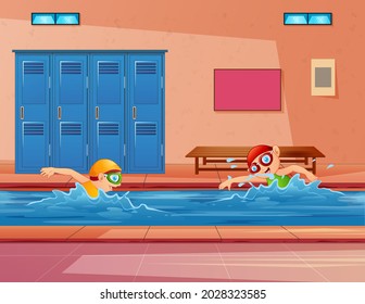 Ilustración de niños nadando en una piscina cubierta