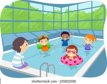 Illustration Of Kids Swimming In An Indoor Swimming Pool