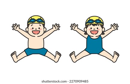 Illustration of Kids in Swimming Suit Jumping in Air