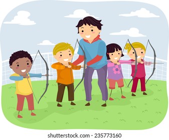 Illustration Of Kids Taking Archery Lessons From Their Coach