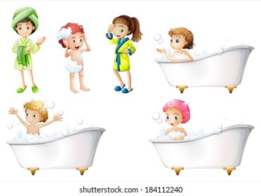 Illustration of the kids taking a bath on a white background