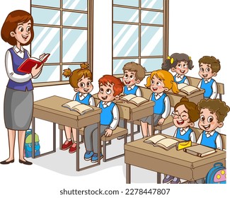 
Illustration with kids and teacher in a classroom. Education illustration. Vector interior. Teacher with pupils in a classroom. Primary school kids. Children listen to teacher.