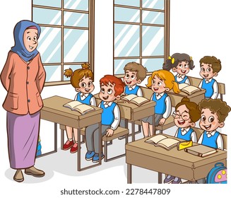 
Illustration with kids and teacher in a classroom. Education illustration. Vector interior. Teacher with pupils in a classroom. Primary school kids. Children listen to teacher.