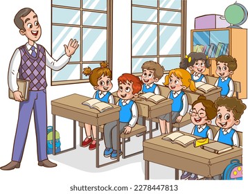 
Illustration with kids and teacher in a classroom. Education illustration. Vector interior. Teacher with pupils in a classroom. Primary school kids. Children listen to teacher.