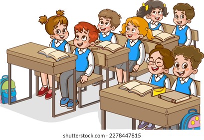 
Illustration mit Kindern und Lehrern in einem Klassenzimmer. Bildungsgrafik. Vektorinnenraum. Lehrer mit Schülern in einem Klassenzimmer. Grundschulkinder. Kinder hören Lehrer.