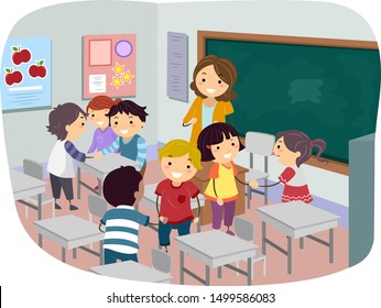 Illustration of Kids and Teacher in Classroom Getting To Know Each Other During the First Day of Class