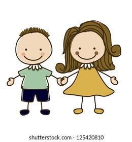 Illustration of kids team or couple, in cartoon style and sketch, vector illustration