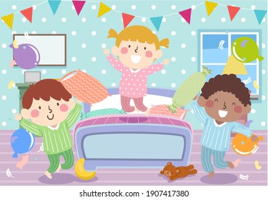 Ilustración de niños en pijamas, fiesta en el dormitorio, saltando en la cama y jugando con almohadas