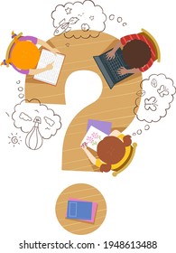 Illustration of Kids with Thinking Clouds as their Imagination Working on a Question Mark Table