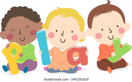 Illustration of Kids Toddlers Holding Letters Spelled as Play