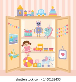 Illustration of kids toys collection. Сhildren's toys on the display cabinet. Toy plane, little robot, unicorn, doll, wood house. 