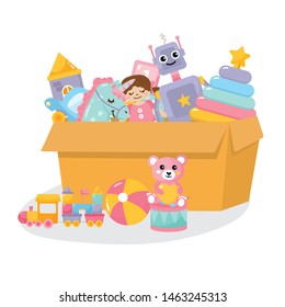 Illustration of kids toys collection. Сhildren's toys on the big box. teddy bear, little robot, unicorn, doll, wood house.
