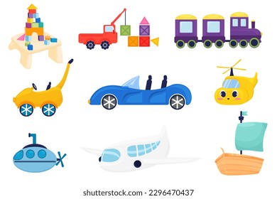 Illustration of kids toys, play with cubes, cars, airplane, helicopter, submarine, ship, clipart illustrations for kids. Cute clipart for baby shower or print for invitations, greeting cards, posters