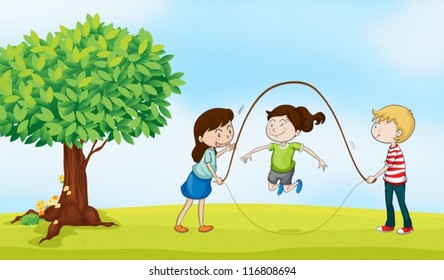 illustration of kids and a tree in a beautiful nature