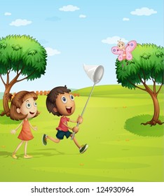 Illustration of kids trying to catch a butterfly in the garden