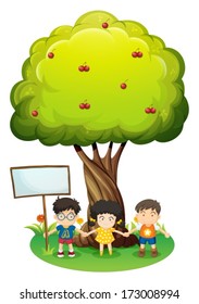 Illustration of the kids under the tree beside the empty wooden board on a white background