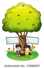 Illustration of the kids under the tree with empty signboards on a white background