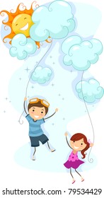 Illustration of Kids Using Clouds as Kites