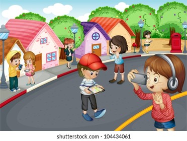 Illustration of kids using electronic gadgets