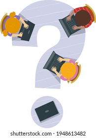 Illustration of Kids Using Laptop on Table Shaped as Question Mark