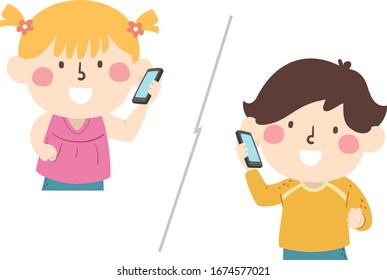 Illustration of Kids Using Mobile Phones and Talking to Each Other