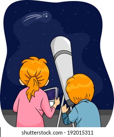 Illustration of Kids Using a Telescope to Observe a Comet