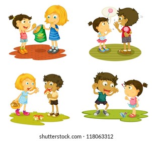 illustration of kids with various activites on a white background