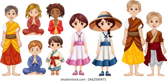 Illustration of kids in various cultural outfits
