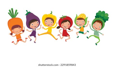 illustration of kids and vegetables, healthy food for children cartoon vector, nutrition for kids