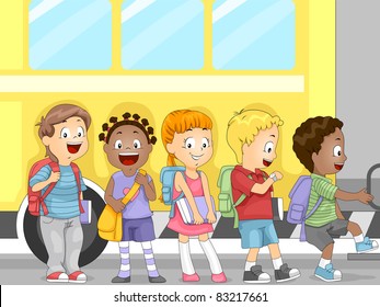 Illustration of Kids Waiting to Get in the Bus